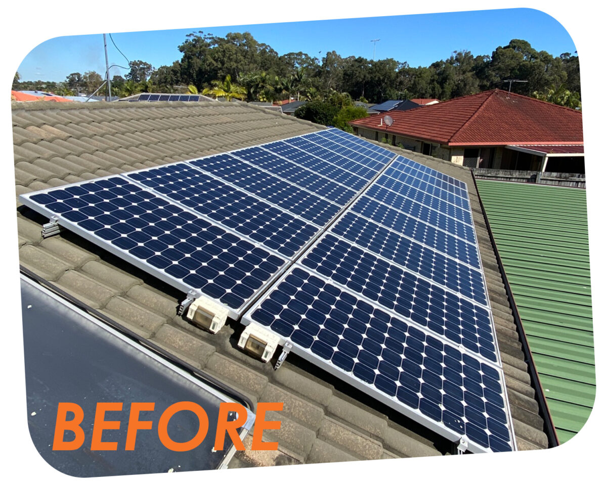 Solar System Upgrades - Before. Image showing 10 year old solar system on roof.